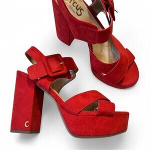 Sam Edelman Circus Red Suede Leather Chunky Platform Sandals Heels Womens 7